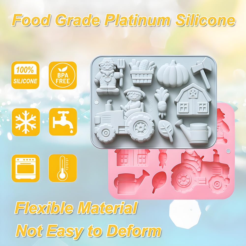 2 Pack Silicone Chocolate Molds with Farm Theme Pumpkin Tractor Axe Watering Pot House Handmade Soap Mold 9 Cavity Gummy Ice Cube Crayon Pastry Baking Tools for Cookie Chocolate Cake Décor