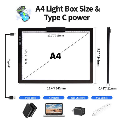 Zocelight Rechargeable A4 Light pad with Stand & Clip for Diamond Painting,Light Box with 6 Levels of Brightness,Diamond Art Kits for Adults,Wireless Light Table for Diamond Art,tracing,Weeding Vinyl