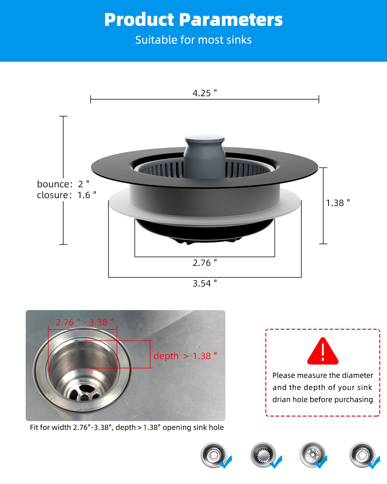 Hibbent 2 Pack 3 in 1 Kitchen Sink Drain Strainer and Stopper Combo, Stainless Steel Metal Pop Up Sink Stopper, Anti-Clogging Basket Strainer with Handle for US Standard 3-1/2 Inch Drain, Black