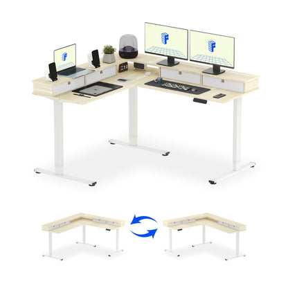 FLEXISPOT 63" L Shaped Standing Desk with Shelf Electric Corner Table, Drawers, Adjustable Computer Workstation for Home, Office, 63x55in, Light Maple Top + White Frame