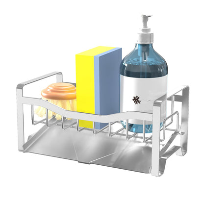 Maifan Kitchen Sink Caddy Organizer Sponge Holder for Kitchen Sink with Stainless Steel Auto Drain Tray, Self Drain Dish Soap Sponge Caddy Rack for Countertop Storage Gadgets Silver Grey