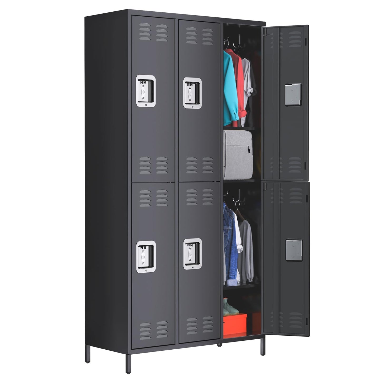 IDEALHOUSE Metal Lockers - 6 Doors Lockable Storage Locker, Sturdy Steel Cabinet with Shelves, Space-Saving Design for Home, Gym & Fire Department, Black