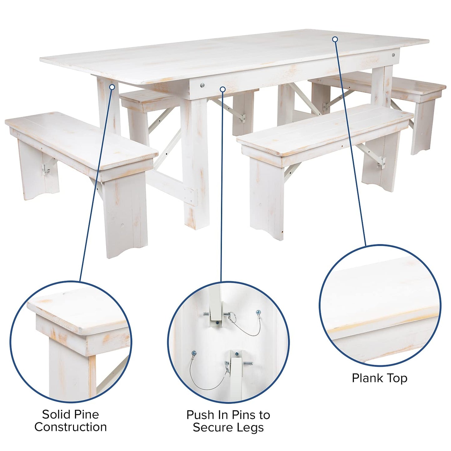 Flash Furniture HERCULES Series 7' x 40" Antique Rustic White Folding Farm Table and Four Bench Set