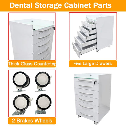 INTBUYING Mobile Dental Cart Stainless Steel Medical Storage Cabinet with Five Large Drawers, Brake wheels, Lock, Rolling Utility Cart for Dental Assistant Clinic Hospital Office School & Home