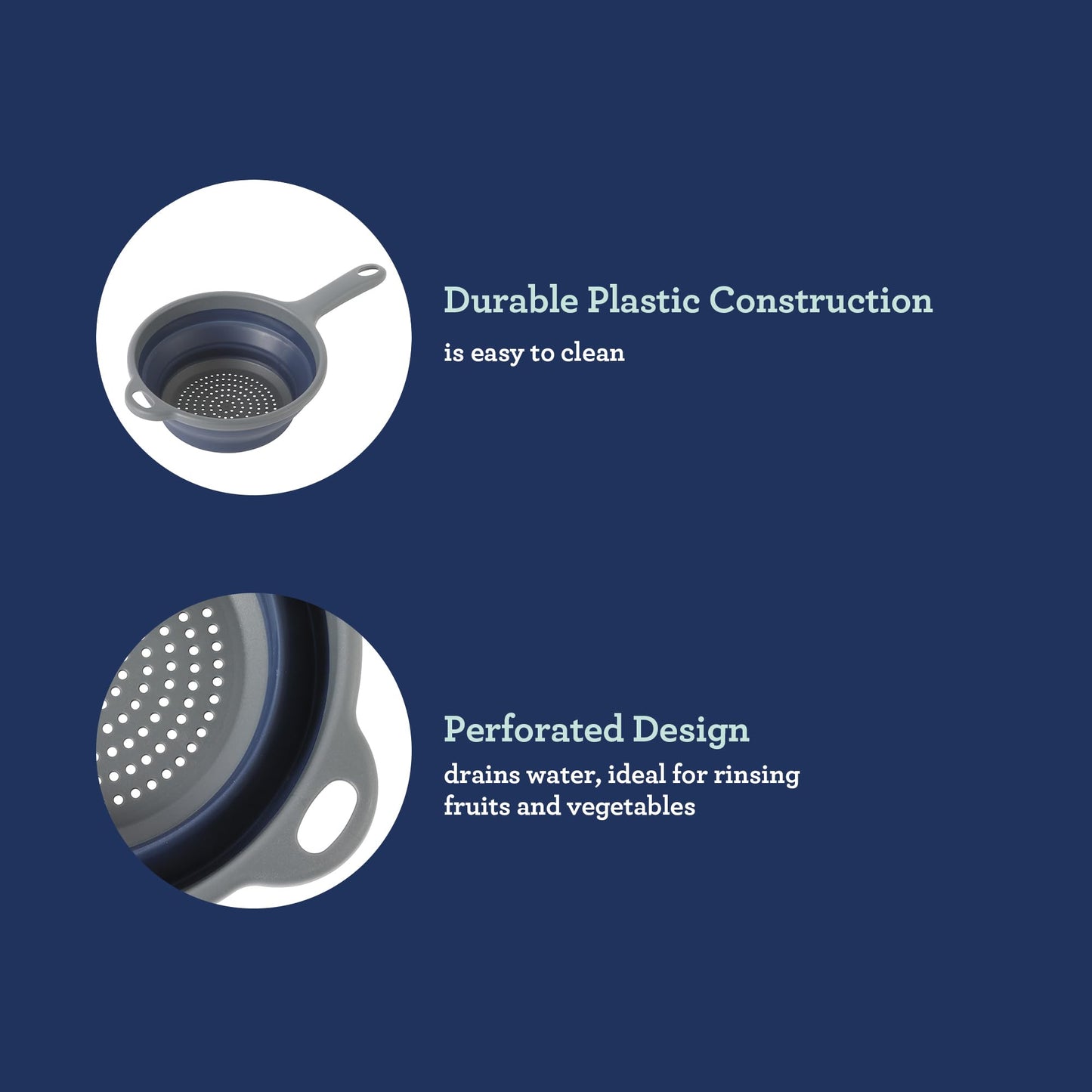 Oster Bluemarine Foldable Handled Strainer – 7-Inch Collapsible Colander for Pasta, Veggies, Fruits, Compact Kitchen Tool, Dishwasher Safe, Blue/Grey