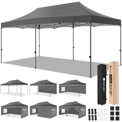Yesker 10x20 Pop Up Canopy Tent with Sidewalls Instant Outdoor Canopy, Waterproof & UV Protection, Easy Setup Adjustable Height Heavy Duty Shelter Gazebo Tent for Patio Backyard Party Events, Gray
