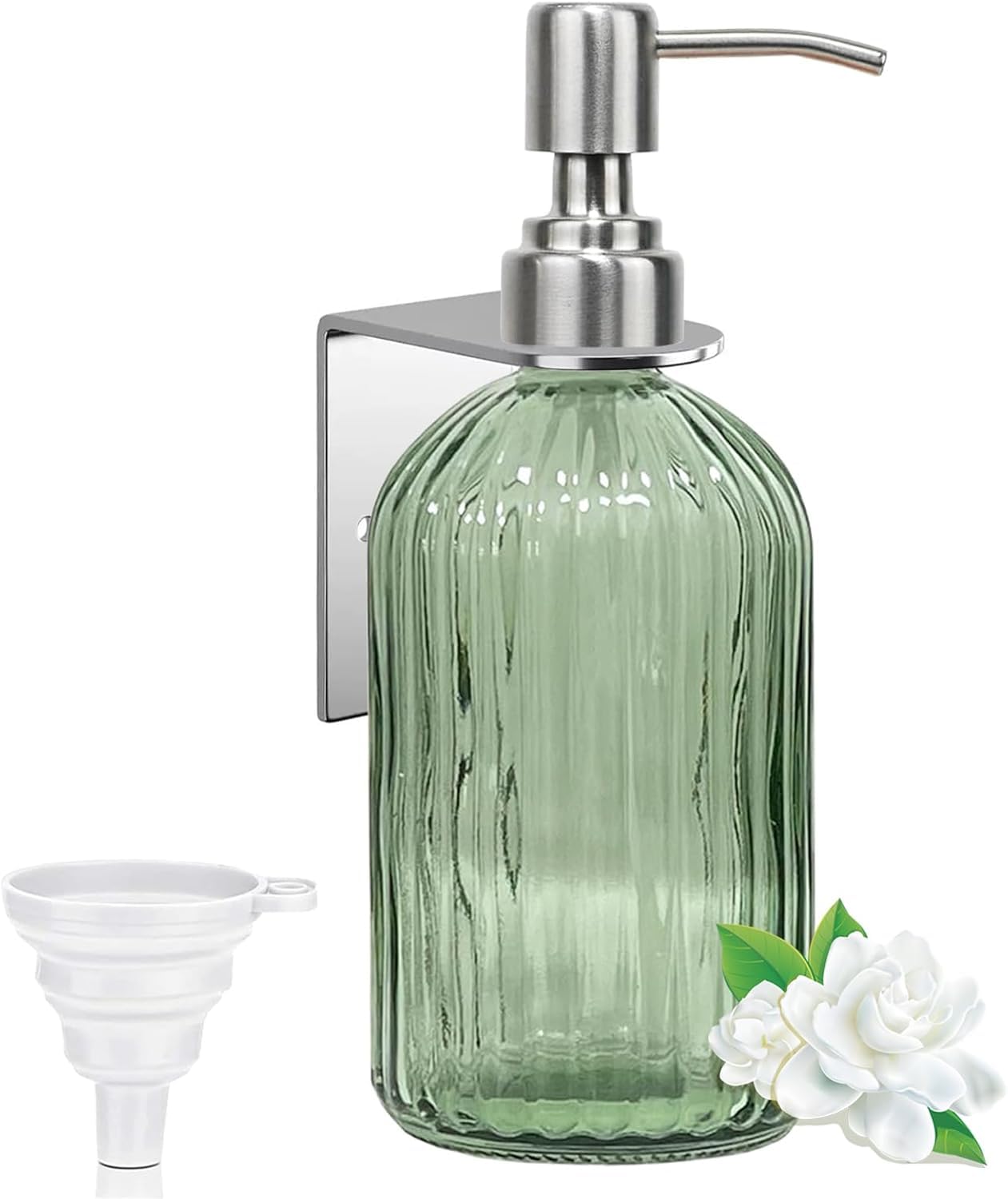 Green Shampoo and Conditioner Dispenser for Wall Mount, 14oz Clear Glass Shower Soap Bottle for Bathroom, Modern 1 Chamber No Drill, Easy Refill Hand Body Wash Dispensers with Stainless Steel Pump