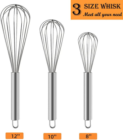 Stainless Steel Whisk Set, 3 Packs Balloon Whisks for Cooking, Whisking, Blending (8", 10", 12")