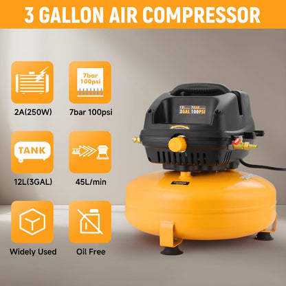 Hoteche 3 Gallon Air Compressor, 1/3HP Portable Air Compressor 100PSI Max Working Pressure, Oil-Free Compressor Tank for Tire Inflation, Spray Painting, Woodwork Nailing, 4700RPM