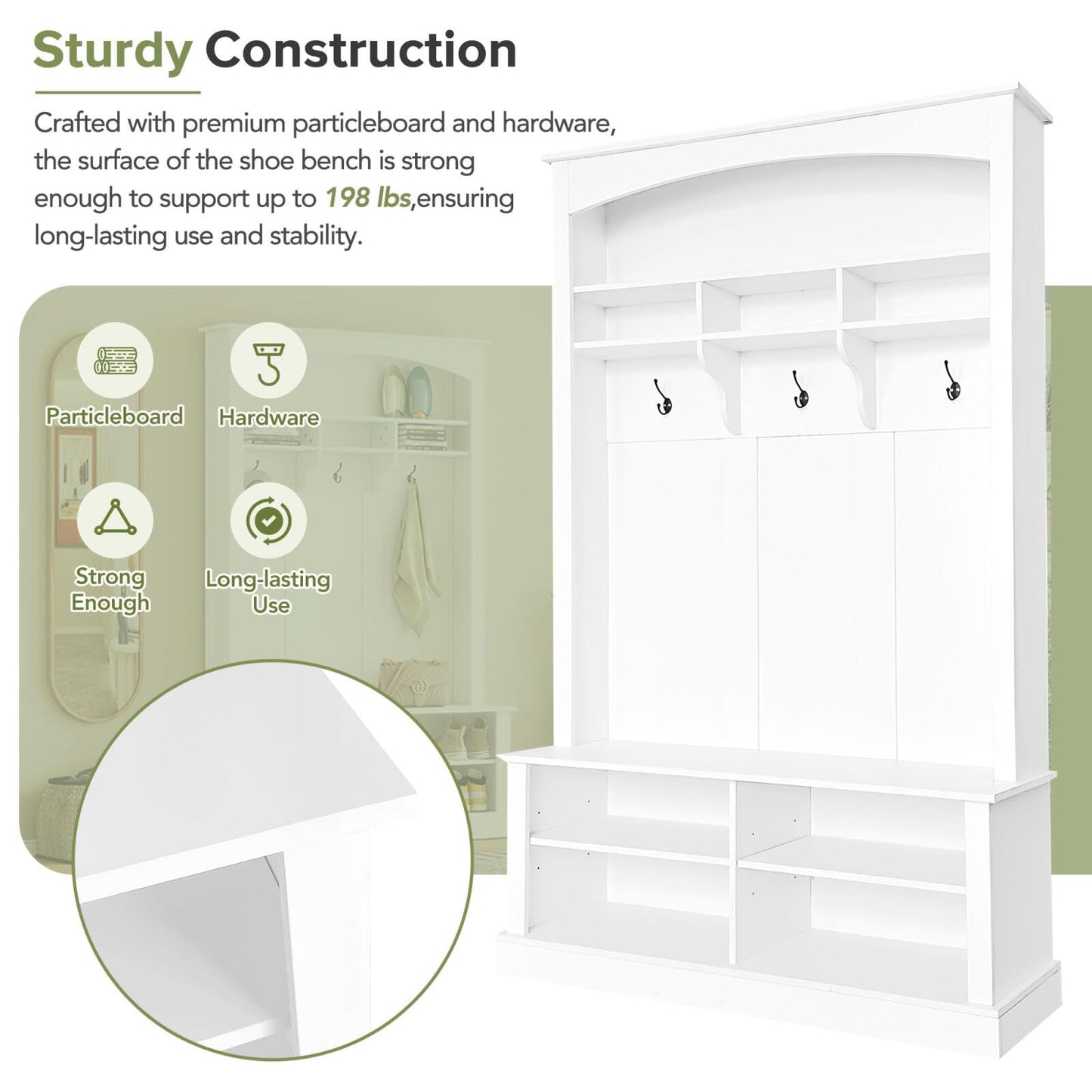 HEIDOUHEI Hall Tree with Bench Shoe Storage Entryway Coat Rack 47.2'' Wide Multi-Functional 3 Hanging Hooks Open Space Rectangle Shelves Farmhouse Boho Furniture Organizer Hallway