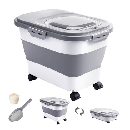 DDMOMMY 20-30 Lbs Rice Storage Container,Collapsible Food Storage Containers with Rolling Wheel Airtight Locking Lid,Flour Storage Container with Cup and Scoop,Suitable for Food,Rice,Pet Food,Flour