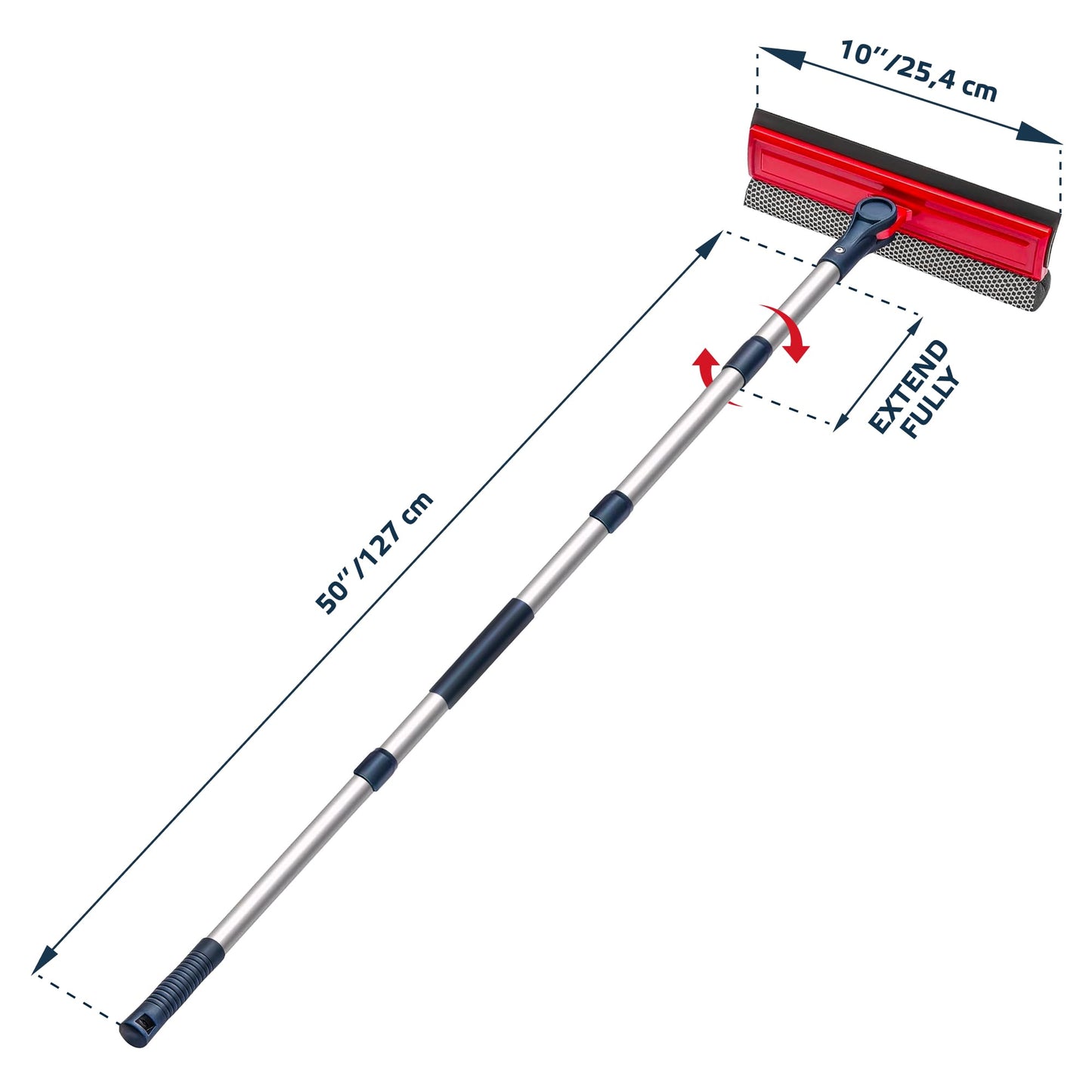 DSV Standard Professional Window Squeegee | 2-in-1 Window Cleaner Sponge and 10" Soft Rubber Strip with Extension Pole 50 Inch & 127 cm | Adjustable to Clean from Multiple Angles