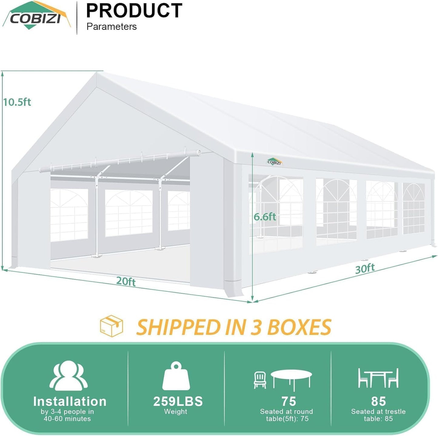 COBIZI 20x30 Party Tents Heavy Duty with 8 Sidewall & 12 Windows, Event Shelter Wedding Canopy for Parties, Powder Coating (Better Than Galvanized), Waterproof Outdoor Gazebo for BBQ, White