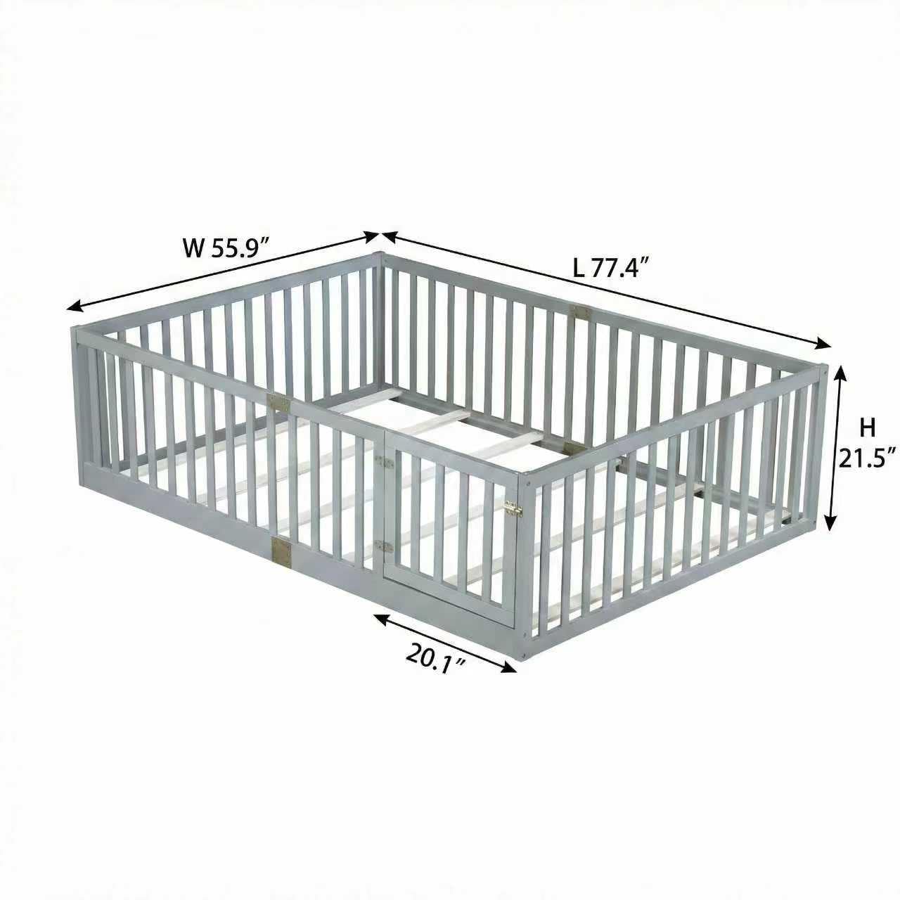 KEIKI Full Floor Bed Frame with High Fence Guardrail, Solid Wood Montessori Kids Bed, Pine Wood Platform Floor Bed with Storage Racks, White
