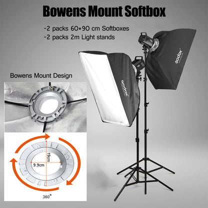2pcs Godox MS300 600W Studio Strobe Flash Kit Bowens Mount Lighting,2.4G Wireless GN58 5600K Monolight with 150W Modeling Lamp,RT-16 Flash Trigger,Light Stands,Softbox,Umbrellas,Reflectors