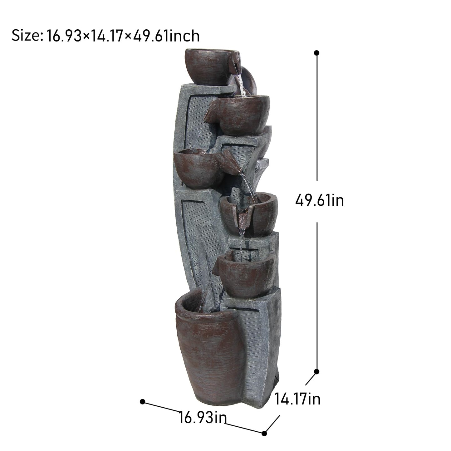 6-Tier Cascading Outdoor Water Garden Fountain 49.61''H Modern Floor-Standing Indoor Waterfall Fountains Bowl and Jar Water Feature with LED Lights for Office Home Art Decor Deck Yard Patio Porch