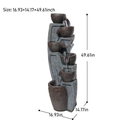 6-Tier Cascading Outdoor Water Garden Fountain 49.61''H Modern Floor-Standing Indoor Waterfall Fountains Bowl and Jar Water Feature with LED Lights for Office Home Art Decor Deck Yard Patio Porch