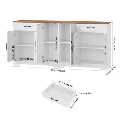 BOTLOG 71” Large Sideboard Buffet Cabinet with Storage, Farmhouse Kitchen Buffet Cabinet with Adjustable Shelves and 6 Barn Doors, Wood Coffee Wine Bar Console Table for Kitchen, Dining Room, White
