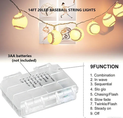20 14FT Baseball String Lights LED Baseball Decor Battery Powered Indoor/Outdoor for Boys Room Ball Sport Theme Party