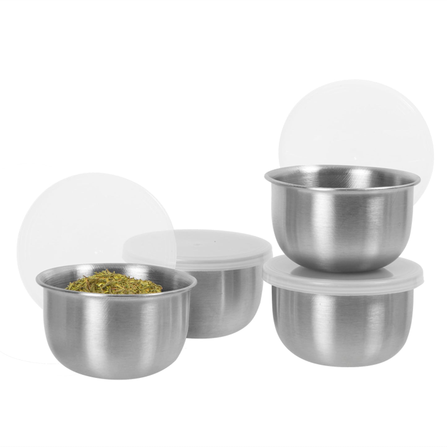 OGGI Set of 4 Stainless Pinch Bowls - 4 fl oz with Lids, Ideal Salt & Pepper Bowls, Mini Storage Bowls, White Lid