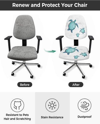 Sea Turtle Office Chair Covers, Stretchable 2 Piece Soft Decorative Computer Desk Chair Protector, Turquoise Tortoise