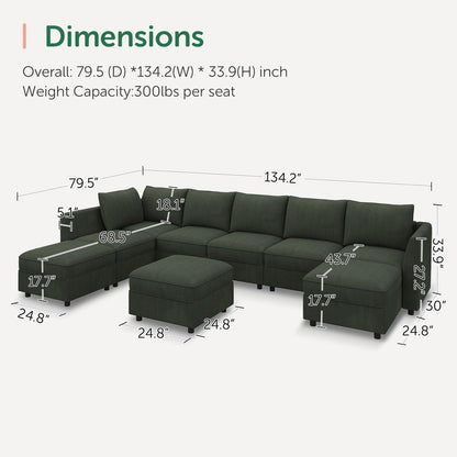 HONBAY Modular Sectional Sofa with Storage, U Shaped Couch Modular Convertible Sectional Couches for Living Room - Green