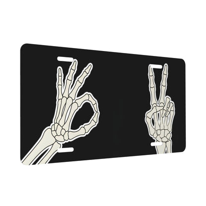 Skeleton Hand Ok and Peace Sign Front License Plate for Women Car Vanity Plates Decorative Aluminum Metal Cute Novelty License Plate Cover for Men 6x12 Inch (4 Holes)