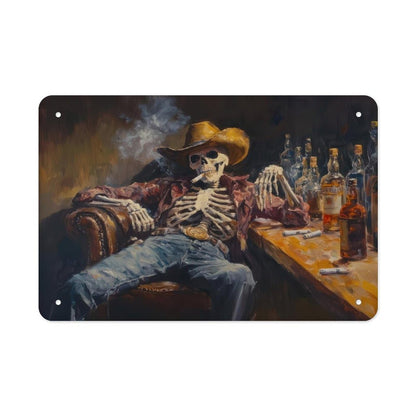 Metal Sign Poster 8x12 Inch Wild West Skeleton Cowboy in A Bar Oil Painting Print Western Wall Art Road Trip Gift Southwestern Art Decor