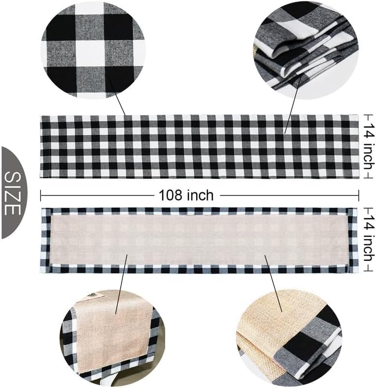 Senneny Christmas Large Table Runner 14 x 108 Inch, Burlap & Cotton Black White Plaid Reversible Buffalo Check for Decor