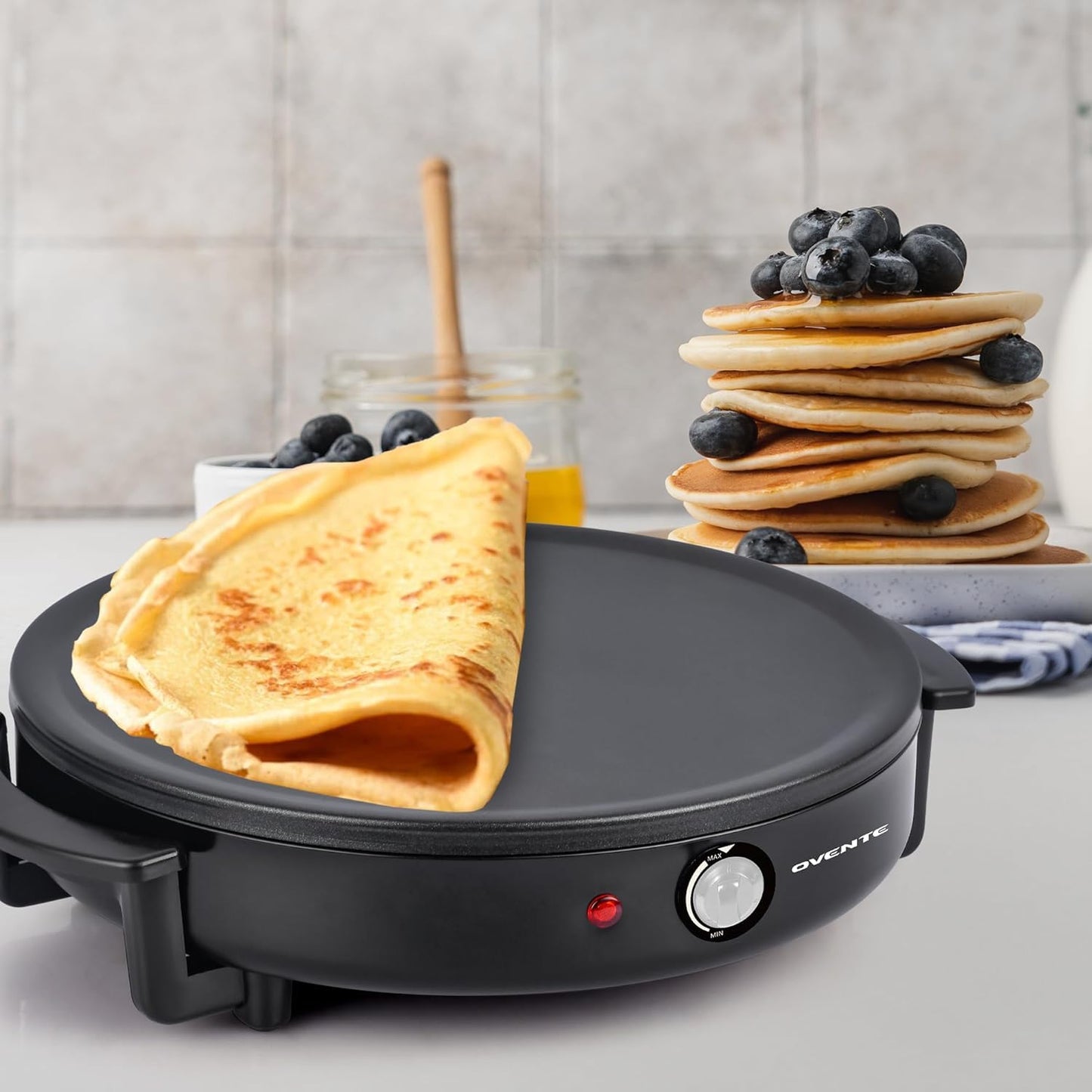 OVENTE 12-Inch Electric Crepe Maker & Griddle – Nonstick Hot Plate with Adjustable Temperature, LED Indicator, Batter Spreader & Spatula, Black CRM1122B