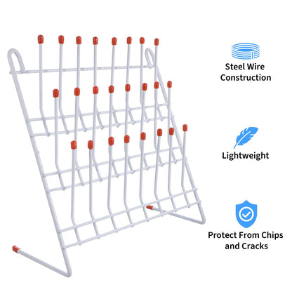 TEHAUX Lab Drying Rack, Space-Saving Lab Beaker and Tube Drying Holder with Non-Slip Red Top, Sturdy Iron Frame, 24 Pegs Vertical Drying Rack for Laboratory Glassware and Bottles (White)