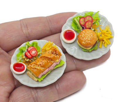 WitnyStore Tiny 1⅜" Hamburger and Sub Sandwich Realistic Mini Foods Miniature Hand Made Polymer Clay Food Meal Model Replica On Ceramic Dishes Decorative Figure Collectible Figurine Décor Art Gifts