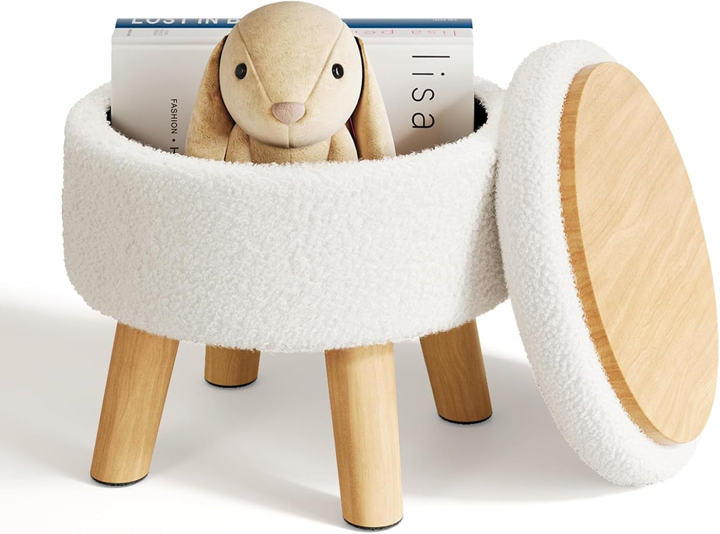 WBKATN Small Ottoman Footrest, White Boucle Foot Stool, Round Pouf Ottoman with Storage, Teddy Velvet Foot Rest