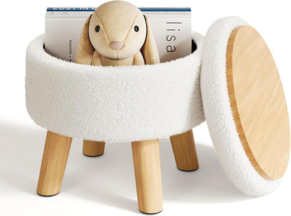 WBKATN Small Ottoman Footrest, White Boucle Foot Stool, Round Pouf Ottoman with Storage, Teddy Velvet Foot Rest