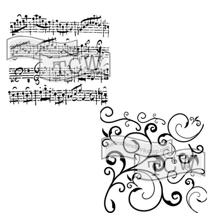 The Crafter’s Workshop - Reusable Music-Themed Stencil for Painting and Crafts – Elegant Sheet Notes and Abstract Design – 2 Pk, 6" x 6" – Sheet Music/Capricious