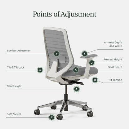 Branch Ergonomic Chair - A Versatile Desk Chair with Adjustable Lumbar Support, Breathable Mesh Backrest, and Smooth Wheels - Experience Optimal Comfort and Support - Pebble - White