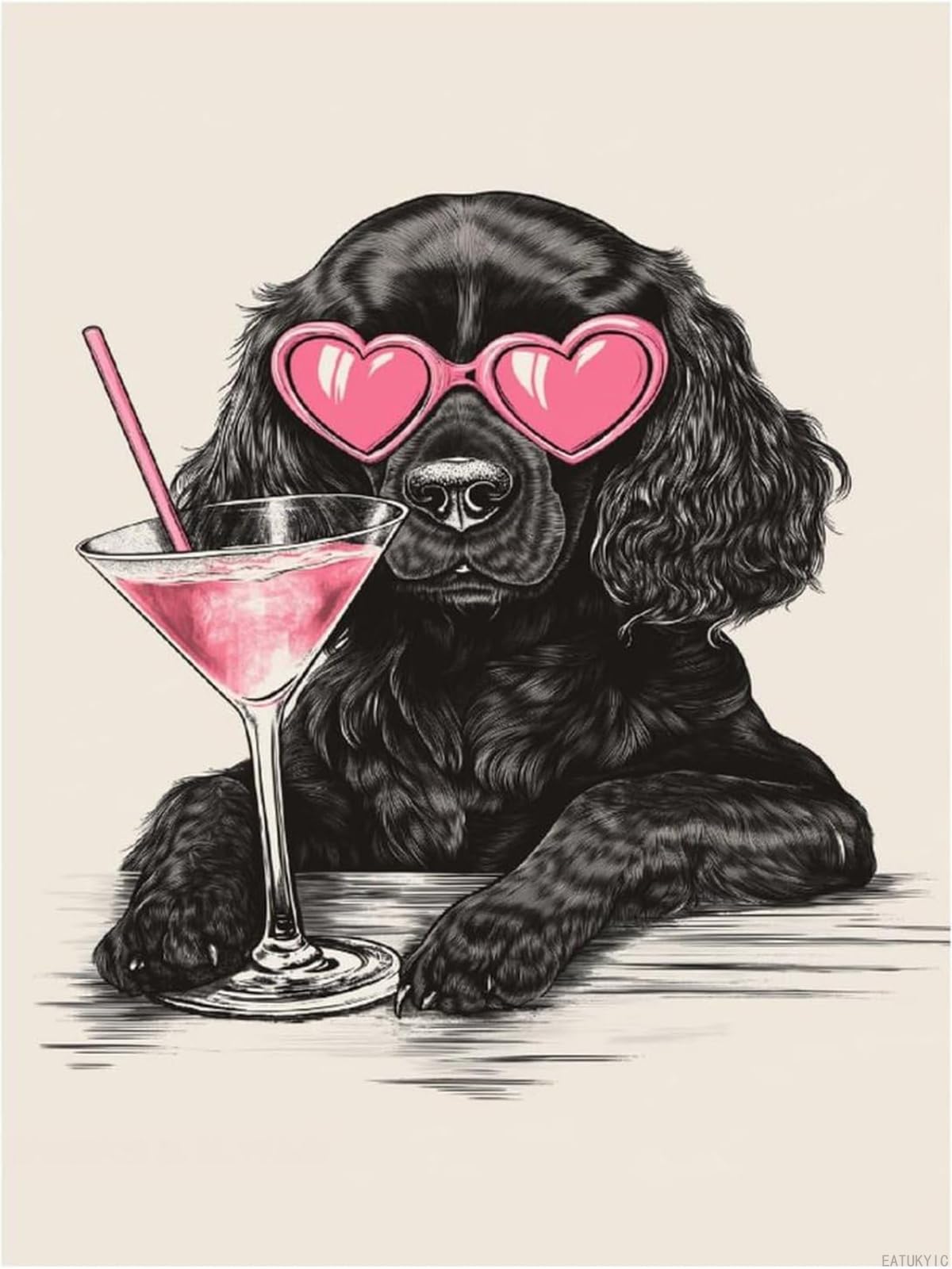 Black Cocker Spaniel Wearing Heart Shaped Pink Glasses Diamond Art Kit for Adults Boho Minimalist DIY Diamond Art Painting for Beginners Full Round Gem Art Painting for Crafts Home Wall 12x16 inch