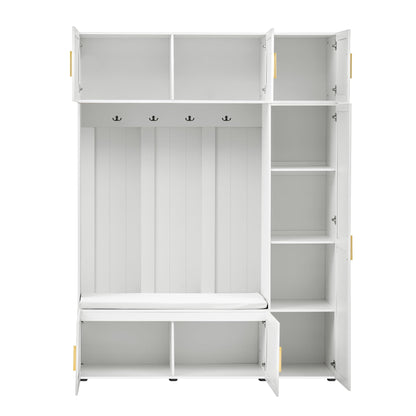 Merax 4-in-1 Hall Tree with Padded Bench, Coat Hooks, and Multi-Tier Storage Shelves – American Style Entryway Organizer for Shoes, Bags, Hats, and Daily Essentials, White
