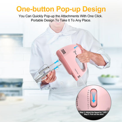 LILPARTNER Hand Mixer Electric, Ultra Power Kitchen Hand Mixer With 7-Speed & 5 Stainless Steel Accessories for Whipping Dough, Cream, Cake, Dishwasher Safe, Pink