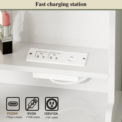 Ieejdn Makeup Vanity Desk with Mirror and Lights, Vanity Desk with 8 Drawers & Storage Shelves, Vanity Table with Power Outlet, 3 Color Modes & Adjustable Brightness Dressing Table, Bedroom,White