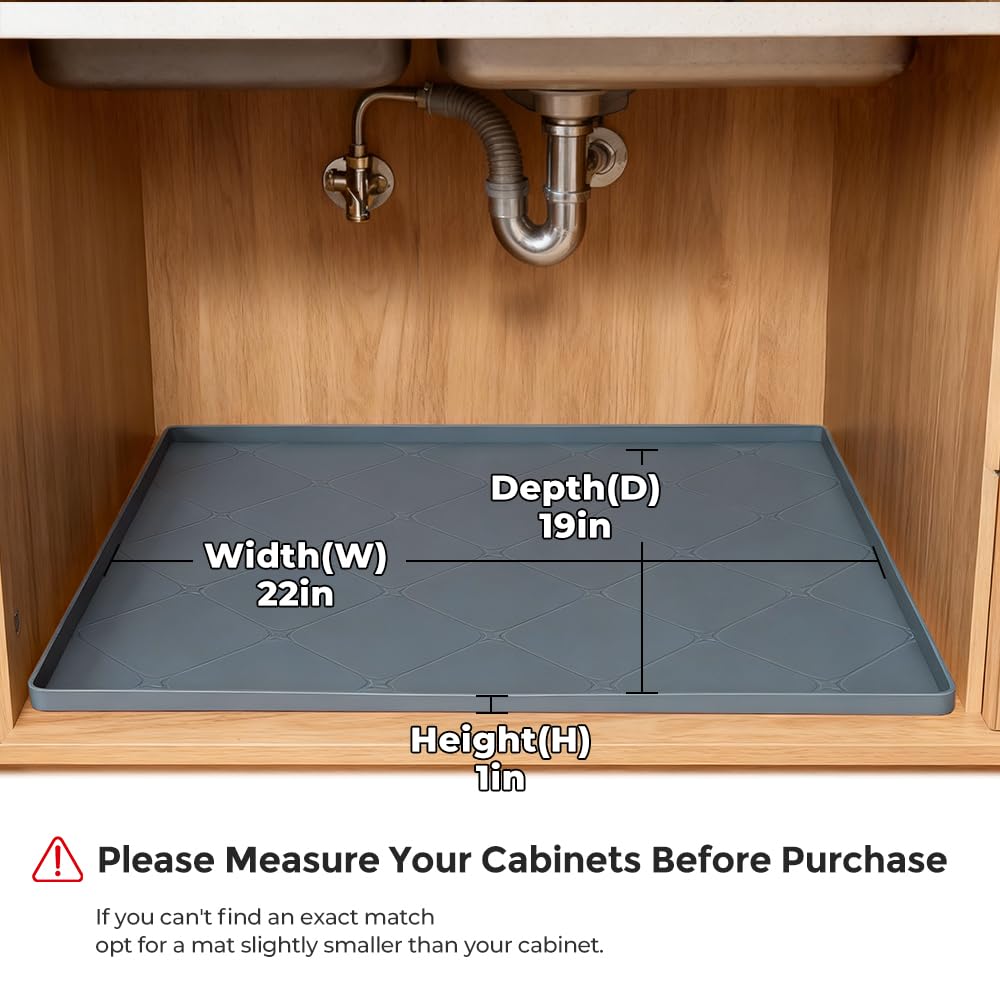 HDFAZHM Under Sink Mats for Kitchen : Waterproof 19" x 22" Under-Sink Organizers Sink Mat Protectors, Flexible Silicone Drip Tray Pet Food Mats Kitchen Bathroom Drawer Shelf and Cabinet Liner, Grey