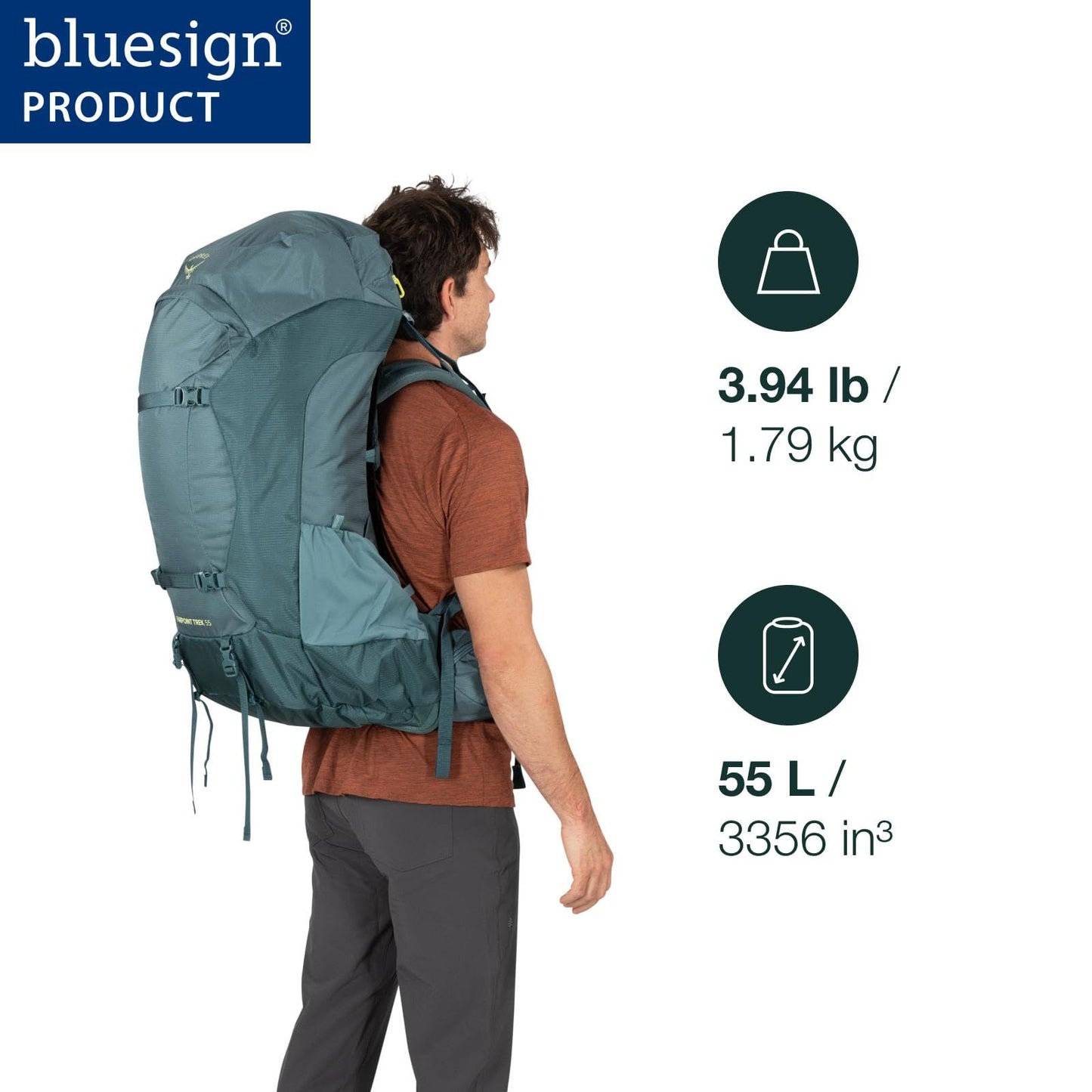 Osprey Farpoint Trek 55L Men's Travel Backpack - Hybrid Backpacking & Travel Bag with Internal Organization, Cascade Blue/Torrent Blue