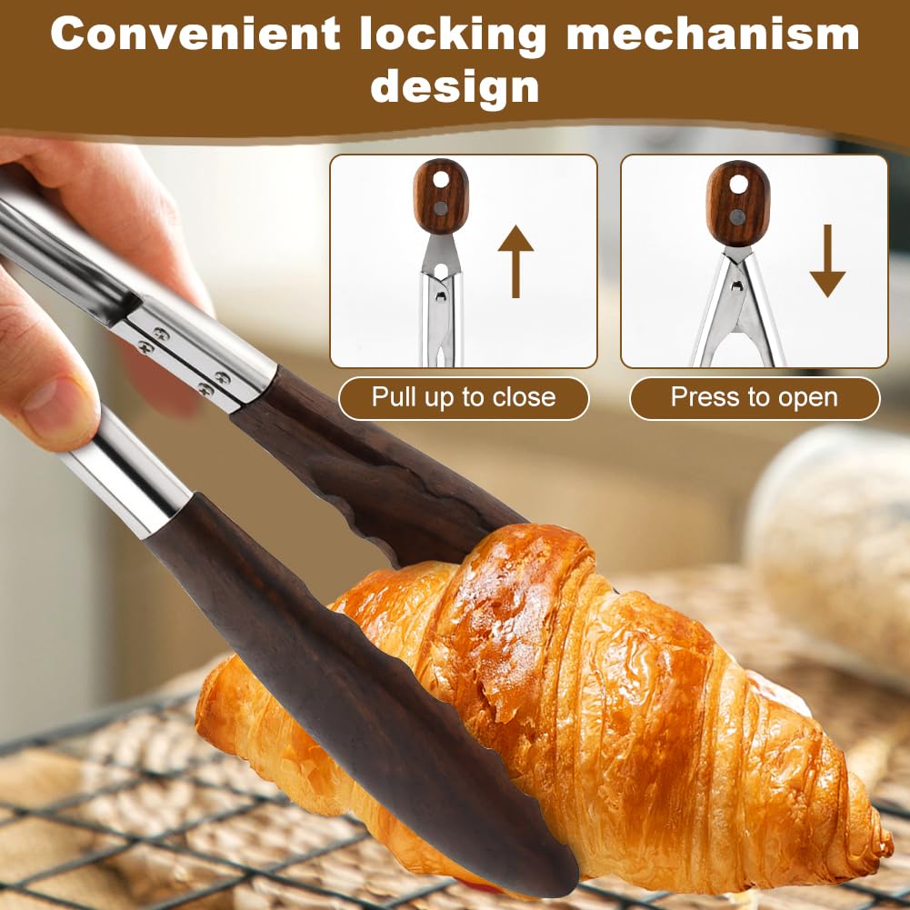 2 Pcs Wooden Tongs for Cooking & Serving Food, 12 & 15 Inch Stainless Steel Kitchen Salad Tongs with Walnut Wood Tip, Cooking Utensils Set for Salad BBQ and Serving Food