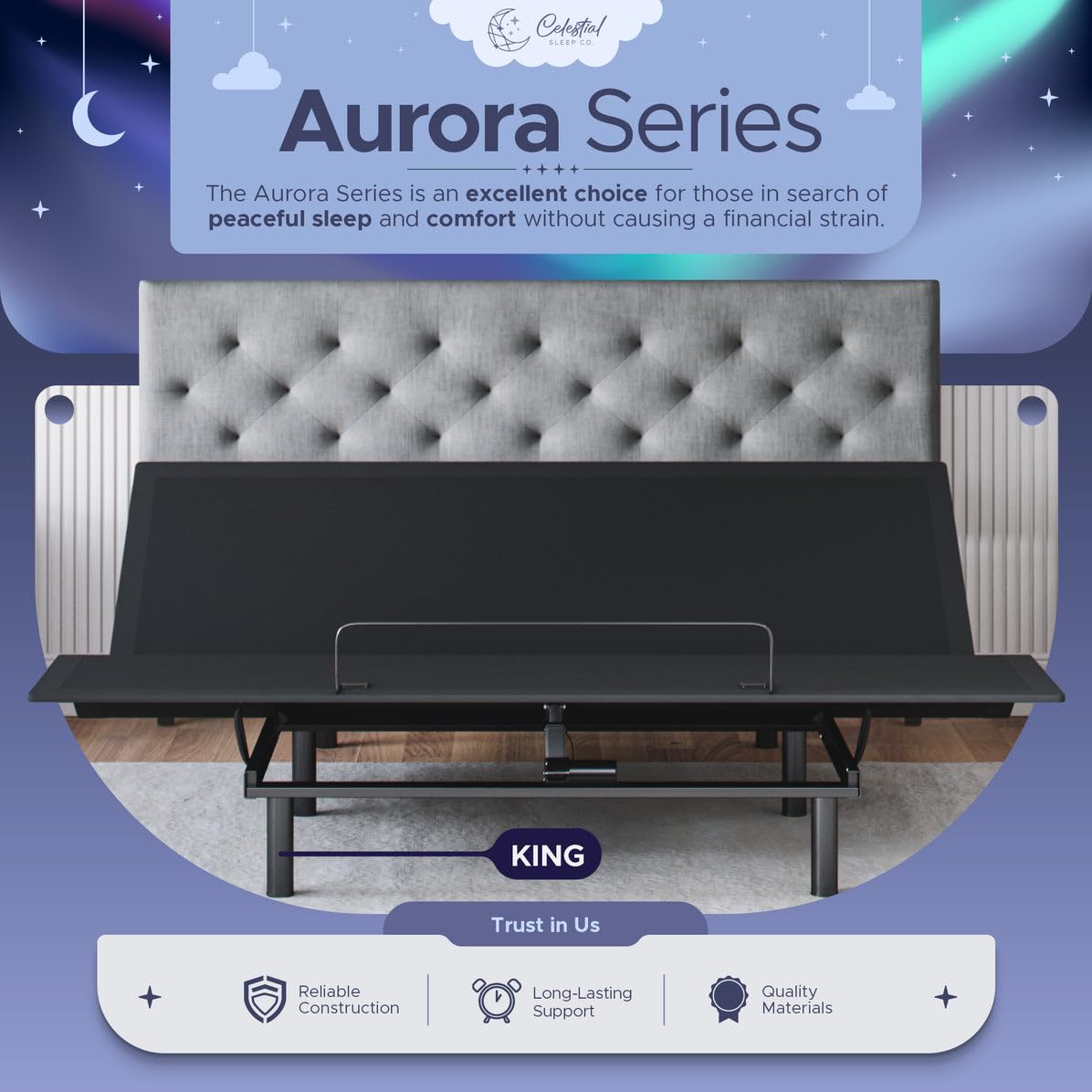 Celestial Sleep Aurora Adjustable Bed Base (Frame Only), Easy Assembly, Head and Foot Lift, Zero Gravity, Memory Positions - King