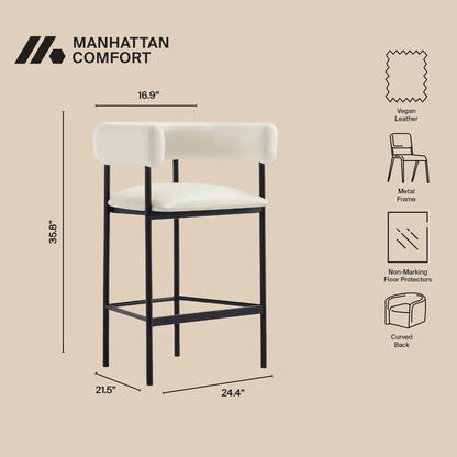 Manhattan Comfort Onda Counter Height Stools for Kitchen and Dining Room, Upholstered in Vegan Leather, Island Chairs with Metal Frame, Wraparound Design, Fully Assembled Furniture, Ivory