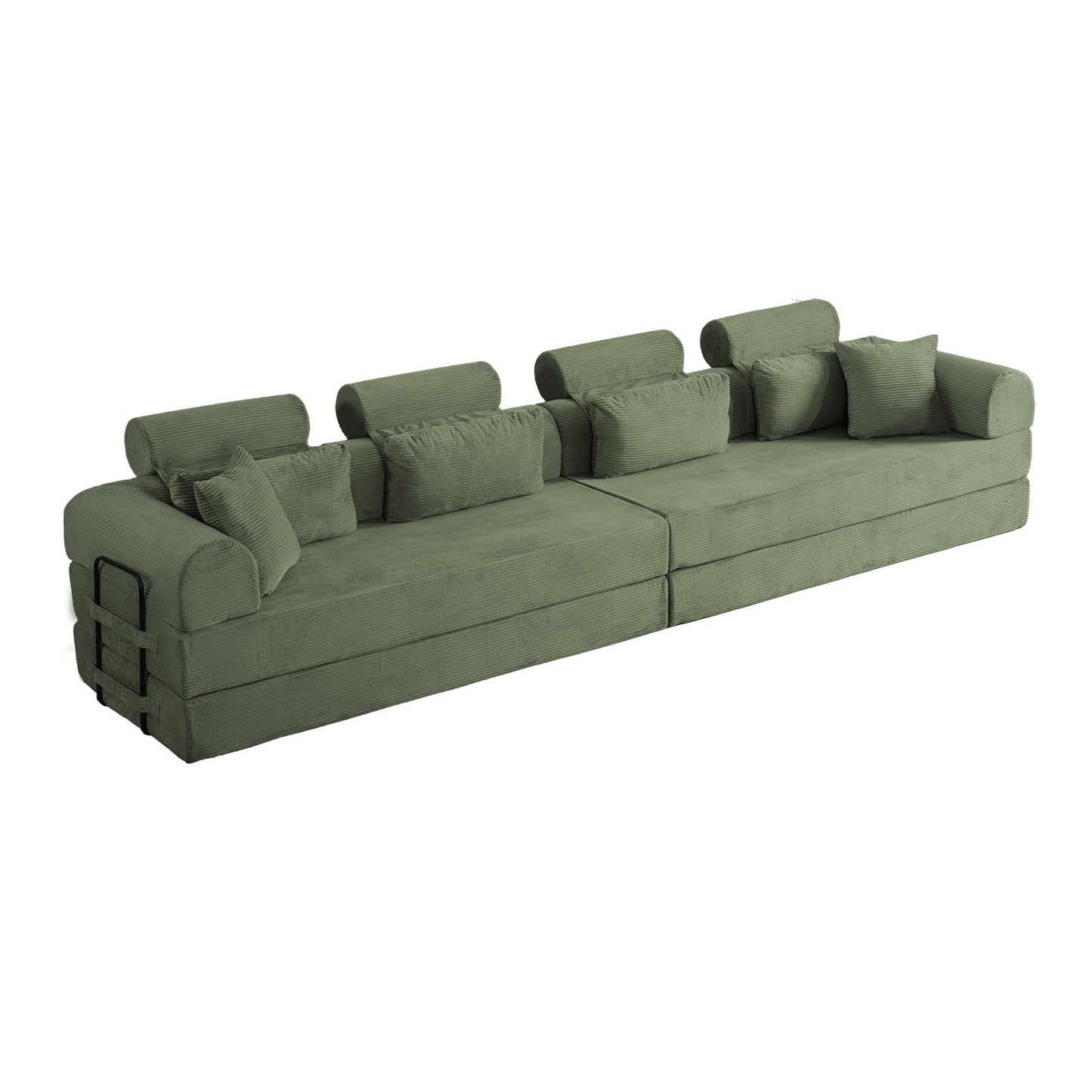 KEIKI 6-in-1 Folding Convertible High Back Sofa Sleeper, 106" Oversized Modular Sectional Corduroy Upholstered L Shape Couches for Living Room, Deep Cushion for Open Concept Living, Grayish Green