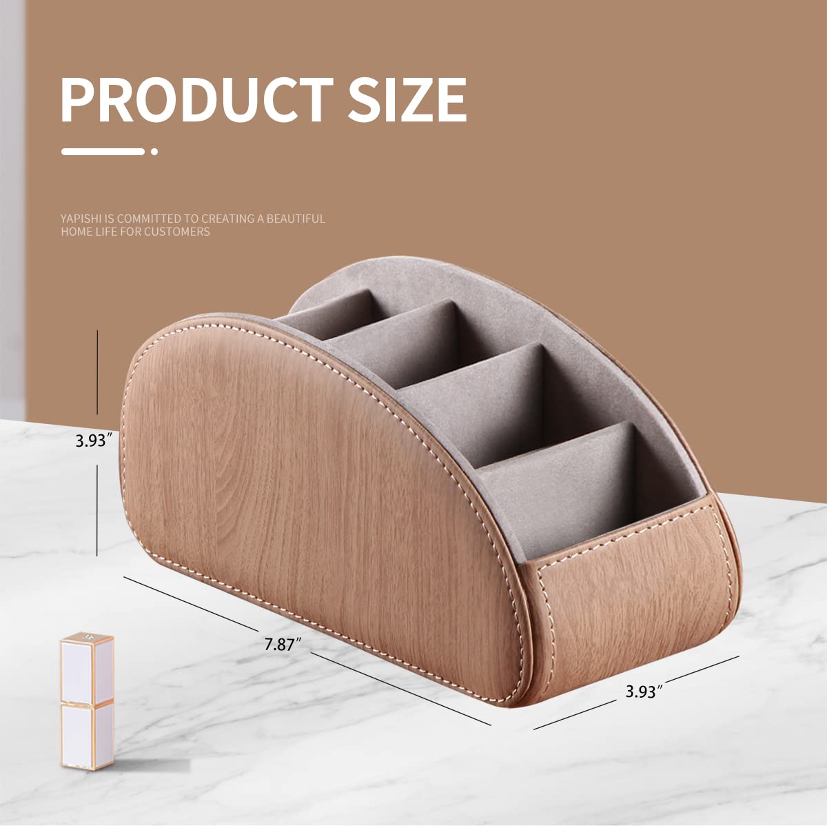 All-in-One Leather TV Remote Control Holder with 5 Compartments Nightstand Desktop Air Conditioner Media Player Remote Caddy Storage Box Organizer Tray For Makeup Brush Pen Stationary Table Controller