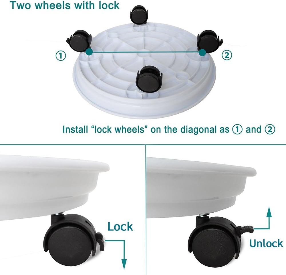 Rolling Plant Caddy with Wheels - White Flower Pot Dolly