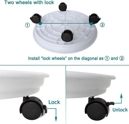 Rolling Plant Caddy with Wheels - White Flower Pot Dolly