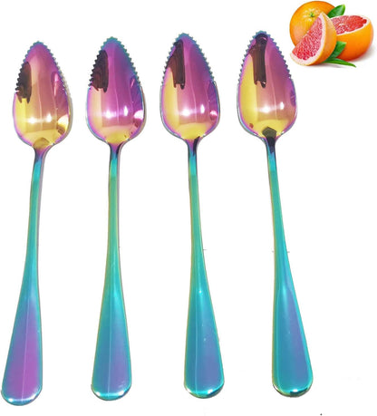 4 Piece Colorful Stainless Steel Grapefruit Spoons, 6.5 Inch Metal Spoons for Dessert, Fruit, and Salad